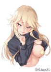  1girl alternate_costume areola_slip areolae black_shirt blonde_hair blue_eyes blush breasts cropped_torso ebifurya eyebrows_visible_through_hair hair_between_eyes highres index_finger_raised iowa_(kantai_collection) kantai_collection large_breasts long_hair long_sleeves looking_at_viewer pasties shirt simple_background smile solo star star-shaped_pupils symbol-shaped_pupils tongue tongue_out twitter_username upper_body white_background 