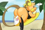  2020 alolan_raichu alternate_species anthro auria_jansson backsack balls beach big_butt blue_highlights bottomless breast_squish breasts butt cheek_spots clothed clothing crop_top detailed_background digital_media_(artwork) dipstick_ears fan_character fur genitals gynomorph hi_res highlights_(coloring) intersex long_tail lying multicolored_ears nintendo on_front orange_body orange_fur outside palm_tree panties panties_around_one_leg patreon pok&eacute;mon pok&eacute;mon_(species) regional_variant screamoshaymin seaside shirt signature sky solo squish topwear tree underwear underwear_around_one_leg video_games water 