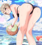  1girl ass ball bangs beach beachball bent_over bikini black_bikini blue_sky blush breasts cloud cloudy_sky commentary_request cowboy_shot earrings eyebrows_visible_through_hair fang from_behind grey_eyes grey_hair grin haruki_(haruki678) holding holding_ball idolmaster idolmaster_cinderella_girls jewelry large_breasts lens_flare light_particles light_rays looking_at_viewer o-ring o-ring_top ocean shiomi_shuuko short_hair sidelocks sky smile soaking_feet solo swimsuit ueki-chan water wet wristband 