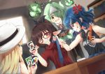  4girls ahoge anger_vein armpits black_jacket black_shirt blonde_hair blue_hair blue_neckwear blurry blurry_background brown_hair card card_game clothes_writing commentary depth_of_field dutch_angle english_commentary floating flying_sweatdrops from_behind ghost ghost_tail glasses green_eyes green_hair hair_ornament hair_over_one_eye hairclip hat headphones headphones_around_neck highres hitodama holding holding_card indoors jacket long_hair looking_at_another microskirt multiple_girls necktie necktie_grab neckwear_grab one_eye_closed open_mouth original pointy_ears ponytail purple_eyes red-framed_eyewear red_eyes red_shirt red_skirt sachisudesu scowl shirt short_hair short_sleeves sitting skirt sleeveless sleeveless_shirt smirk table teeth triangular_headpiece uno_(game) very_long_hair white_headwear white_shirt yellow_eyes 