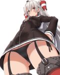  1girl amatsukaze_(kantai_collection) bangs black_panties blush breasts buttons chromatic_aberration closed_mouth dd_(ijigendd) dress eyebrows_visible_through_hair from_below garter_straps hair_tubes highres kantai_collection long_hair long_sleeves looking_at_viewer orange_eyes panties red_legwear sailor_collar sailor_dress see-through side-tie_panties silver_hair simple_background small_breasts solo thighhighs two_side_up underwear white_background 