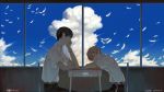  2boys artist_name black_hair bracelet brown_hair chair closed_eyes cloud coinsong day desk earbuds earphones glasses jewelry male_focus multiple_boys nine_(zankyou_no_terror) school_desk shirt short_sleeves sitting sleeping twelve_(zankyou_no_terror) white_shirt window wristband zankyou_no_terror 