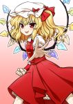  1girl :d blonde_hair clenched_hand commentary_request eyebrows_visible_through_hair fangs flandre_scarlet gradient gradient_background hat highres itou_yuuji legs_apart looking_at_viewer medium_hair mob_cap open_mouth outstretched_arm pink_background puffy_short_sleeves puffy_sleeves red_eyes red_skirt short_sleeves side_ponytail simple_background skirt skirt_set slit_pupils smile solo teeth touhou v-shaped_eyebrows wings wrist_cuffs 