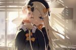  1girl abigail_williams_(fate/grand_order) backlighting bangs black_bow black_dress black_headwear blonde_hair blue_eyes blush bow breasts bubble_tea cup dress drinking_straw fate/grand_order fate_(series) forehead hair_bow highres holding holding_cup long_hair multiple_bows nekohirune one_eye_closed open_mouth orange_bow parted_bangs polka_dot polka_dot_bow ribbed_dress sleeves_past_wrists smile solo 