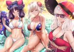  animal aqua_eyes beach bikini black_hair blush breast_hold breasts carmilla_(fate) cleavage fate/grand_order fate_(series) gray_hair hat katsushika_hokusai miyamoto_musashi_(fate/grand_order) navel panty_pull piukute062 purple_eyes ribbons sunglasses swimsuit tokitarou_(fate/grand_order) twintails underboob water 