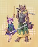  armor bottomwear canid canine canis cloak clothing fantasy fur hare hi_res katana kinkykenku lagomorph leporid male mammal melee_weapon rabbit rapier skirt sword weapon wolf 