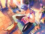  1boy ^_^ apron bag black_pants blue_hair cat closed_eyes cu_chulainn_(fate)_(all) doormat doorway emiya-san_chi_no_kyou_no_gohan entrance fang fate_(series) flower full_body grocery_bag highres lancer male_focus mullet nangoku_(bikku) open_mouth out_of_frame outdoors pants pink_apron plant ponytail potted_plant rug shirt shoes shopping_bag smile sneakers solo_focus spiked_hair squatting t-shirt tile_floor tiles 