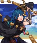  1girl black_legwear blue_eyes blue_hair breasts byleth_(fire_emblem) byleth_(fire_emblem)_(female) cloud detached_collar eyebrows_visible_through_hair fire_emblem fire_emblem:_three_houses highres jacket_on_shoulders kamu_(kamuuei) large_breasts long_hair navel open_mouth pantyhose shorts sky smile sword_of_the_creator vambraces weapon whip_sword 