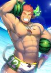  1boy bara beard bracelet chest facial_hair feather_necklace floppy_ears food forked_eyebrows fruit glowing_horns green_briefs green_horns highres jewelry looking_at_viewer male_focus muscle native_american nipples pectorals solo summer tokyo_houkago_summoners wakan_tanka waku_(ayamix) watermelon 