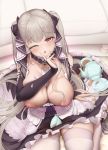  1girl azur_lane bangs bare_shoulders between_breasts black_dress breasts breasts_outside collarbone commentary_request cup dress eyebrows_visible_through_hair formidable_(azur_lane) frilled_dress frills grey_hair hair_ribbon head_tilt highres huge_breasts long_hair long_sleeves looking_at_viewer nipples no_bra one_eye_closed open_mouth pairleaf patreon_username red_eyes ribbon signature simple_background sitting solo teacup teapot thighhighs thighs twintails two-tone_dress two-tone_ribbon very_long_hair wet wet_clothes white_legwear 