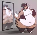  &lt;3 anthro bell bell_collar belly belly_overhang brown_body brown_fur butt claws collar double_frosting ear_piercing fur hyaenid industrial_piercing inside looking_at_mirror looking_back love_handles male mammal mirror mirror_reflection moobs mostly_nude navel obese obese_male open_mouth open_smile overweight overweight_male piercing reflection smile solo standing striped_hyena thick_thighs toe_claws white_body white_fur wide_hips 
