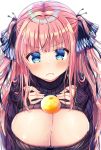  1girl absurdres bangs black_ribbon blue_eyes blunt_bangs blush breasts butterfly_hair_ornament cleavage cleavage_cutout commentary_request eyebrows_visible_through_hair food food_on_breasts frown fruit go-toubun_no_hanayome hair_intakes hair_ornament hair_ribbon hands_on_own_chest highres large_breasts long_hair looking_at_viewer mandarin_orange meme_attire nakano_nino neko_pan object_on_breast open-chest_sweater oppai_mochi outline pink_hair purple_sweater ribbed_sweater ribbon shiny shiny_skin sidelocks simple_background solo suggestive_fluid sweatdrop sweater turtleneck turtleneck_sweater two_side_up upper_body white_background 