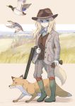  1girl batta_(kanzume_quality) bird blonde_hair blue_eyes boots copyright_request duck fox fox_wife_(batta_(kanzume_quality)) gloves gloves_removed gun hat holding holding_weapon jacket long_hair long_sleeves outdoors pants_tucked_in shotgun waistcoat weapon 