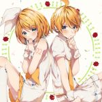  1boy 1girl arm_tattoo back-to-back bangs blonde_hair blue_eyes blush border bow brother_and_sister commentary_request covering_mouth dress eyebrows_behind_hair finger_to_chin flower_(symbol) hair_bow hair_ornament hairclip headphones highres interlocked_fingers kagamine_len kagamine_rin kneehighs lens_flare looking_at_viewer manya_sora neckerchief necktie number_tattoo petals sailor_collar shirt short_hair short_sleeves shorts siblings sidelocks sitting skirt skirt_under_dress sleeveless sleeveless_dress tattoo tied_hair twins vocaloid white_background white_border white_bow white_dress white_legwear white_sailor_collar white_shirt white_shorts wrist_cuffs yellow_nails yellow_neckwear yellow_skirt 