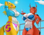  2020 alcohol anthro beverage big_breasts bikini blue_bikni breasts canid canine claws cleavage clothed clothing cloud creatiffy digimon digimon_(species) digital_media_(artwork) duo eyelashes female fur guilmon hi_res huge_breasts looking_at_viewer mammal railing renamon scalie seaside shirt simple_background smile swimwear teeth thick_thighs thong topwear under_boob underwear video_games white_body white_fur wide_hips yellow_body yellow_fur 