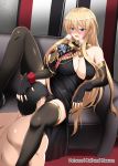  1boy 1girl aiguillette azur_lane bare_shoulders bismarck_(azur_lane) bismarck_(beacon_of_the_ironblood)_(azur_lane) black_dress black_footwear black_gloves black_hair black_legwear black_panties blonde_hair blue_eyes blush breasts breath cleavage couch cunnilingus cunnilingus_through_clothes dress elbow_gloves eyebrows_visible_through_hair faceless faceless_male fingerless_gloves gloves hair_between_eyes hand_on_another&#039;s_head hellandheaven hetero highres indoors knee_up lace lace-trimmed_panties large_breasts long_hair looking_down medal open_mouth oral panties patreon_username shirtless sitting smile spread_legs straight_hair thighhighs thighs underwear 