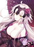  1girl alternate_costume bare_shoulders breasts cleavage fate/grand_order fate_(series) floral_print grey_hair headpiece jeanne_d&#039;arc_(alter)_(fate) jeanne_d&#039;arc_(fate)_(all) large_breasts looking_at_another miko_92 off_shoulder oriental_umbrella smile solo umbrella white_background yellow_eyes 