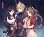  1boy 2girls aerith_gainsborough arm_hug bangle black_gloves black_hair blonde_hair blue_eyes bracelet braid breasts brown_gloves buster_sword choker cleavage cloud_strife commentary_request crop_top dress earrings final_fantasy final_fantasy_vii final_fantasy_vii_remake fingerless_gloves gloves green_eyes hair_ribbon height_difference huge_weapon jacket jewelry long_braid materia medium_breasts multiple_girls navel ohse pink_dress pink_ribbon red_eyes red_jacket ribbed_sweater ribbon ribbon_choker single_braid single_spaulder skirt sleeveless sleeveless_turtleneck small_breasts spiked_hair sports_bra stud_earrings suspender_skirt suspenders sweater sword sword_behind_back tifa_lockhart turtleneck weapon 