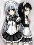  ar_tonelico ar_tonelico_i ar_tonelico_ii black_hair blue_eyes braid deni_m jakuri long_hair maid maid_headdress multiple_girls red_eyes shurelia silver_hair thighhighs twin_braids very_long_hair waitress white_legwear zettai_ryouiki 