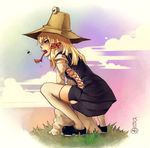  arlmuffin blonde_hair bug detached_sleeves fly frog grass hat insect long_sleeves long_tongue moriya_suwako pyonta solo squatting thighhighs tongue touhou white_legwear 