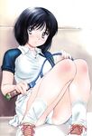  absurdres black_hair blush highres kobayashi_hiyoko non-web_source official_art oku-sama_wa_joshi_kousei onohara_asami panties pantyshot pantyshot_(sitting) racket shirt short_hair sitting solo sportswear taut_clothes taut_shirt tennis_racket tennis_uniform underwear 