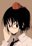  adjusting_eyewear bespectacled black_eyes black_hair dress_shirt glasses hat looking_at_viewer mieharu necktie shameimaru_aya shirt short_hair smile solo tokin_hat touhou 