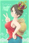  bad_id bad_pixiv_id black_eyes black_hair breasts crown denim english food genderswap genderswap_(mtf) hand_on_hip hat heart large_breasts looking_back luffyko one_piece scar scrawl shorts sideboob smile solo straw_hat tank_top urogi_aya v vegetable 