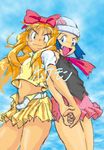  1girl alternate_costume back-to-back bad_id bad_pixiv_id crossdressing hat hikari_(pokemon) holding_hands lion_(macross_frontier) masatoshi oekaki parody pokemon pokemon_(anime) pokemon_(classic_anime) pokemon_dp_(anime) satoko_(pokemon) satoshi_(pokemon) 