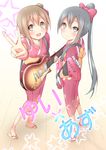  alternate_hairstyle bad_id bad_pixiv_id banned_artist black_hair brown_eyes brown_hair bun_cover foreshortening guitar hair_bun hirasawa_yui instrument japanese_clothes k-on! kimono long_hair mirai_(macharge) multiple_girls nakano_azusa ponytail sandals short_hair tasuki v yuiazu_(unit) yukata 