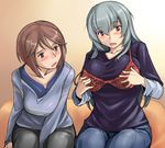  blush bra breasts brown_eyes brown_hair casual denim jeans large_breasts lingerie long_hair multiple_girls older pants red_eyes rozen_maiden short_hair silver_hair souseiseki suigintou sweatdrop tsuda_nanafushi underwear 