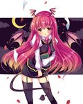  bat_wings black_legwear blush book cloud crescent_moon garter_straps head_wings highres koakuma long_hair moon necktie night night_sky red_eyes red_hair sky solo star_(sky) starry_sky tail thighhighs touhou usagihime wings 