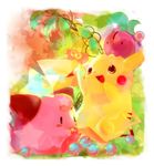  cherry cherubi cleffa food fruit gen_1_pokemon gen_4_pokemon happy no_humans open_mouth pikachu pokemon pokemon_(creature) yoshi_(danball) 