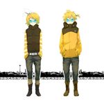  1girl blonde_hair boots bow brother_and_sister coat glasses hands_in_pockets kagamine_len kagamine_rin pants siblings standing tomsan twins vocaloid 