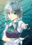  alternate_eye_color bad_id bad_pixiv_id bad_proportions bow braid chain chirosuke foreshortening gloves green_eyes hair_bow izayoi_sakuya knife lips maid maid_headdress short_hair silver_hair solo touhou twin_braids weapon 