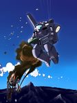  commentary explosion flying inui_(jt1116) mecha mobile_infantry no_humans power_armor sky smoke starship_troopers uchuu_no_senshi weapon 