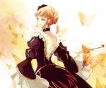  back backless_dress backless_outfit bad_id bad_pixiv_id bare_back beatrice blonde_hair blue_eyes bug butterfly choker dress hair_ornament hair_up heterochromia insect kiseru looking_back oono_eiko pipe solo umineko_no_naku_koro_ni 