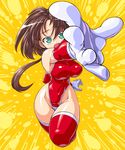  brown_hair curvy dd_(ijigendd) elbow_gloves foreshortening gloves green_eyes groin hands highleg highleg_leotard leotard long_hair narrow_waist open_mouth original red_leotard solo thighhighs wide_hips 