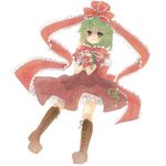  1girl boots bow frills front_ponytail full_body green_eyes green_hair hair_bow hair_ribbon hands_on_own_chest highres kagiyama_hina light_particles long_hair ribbon solo touhou transparent_background 