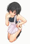  amagami apron black_hair blush brown_eyes competition_swimsuit finger_in_mouth food from_above nanasaki_ai one-piece_swimsuit pocky sasaki_akira_(ugc) short_hair simple_background socks solo swimsuit white_background 