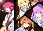  angel_beats! band bass_guitar blonde_hair blue_eyes brown_eyes brown_hair drumsticks electric_guitar girls_dead_monster guitar hisako_(angel_beats!) instrument irie_(angel_beats!) iwasawa lens_flare microphone multiple_girls n_i_n_o pink_hair plectrum ponytail purple_eyes purple_hair red_eyes sekine short_hair sleeves_rolled_up 