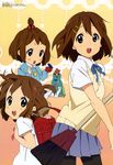  absurdres backpack bag broom brown_eyes brown_hair hair_bobbles hair_ornament hairclip high_ponytail highres hirasawa_yui horiguchi_yukiko k-on! kindergarten looking_back megami multiple_persona official_art pantyhose randoseru school_uniform short_hair short_twintails skirt sweater_vest time_paradox twintails younger 