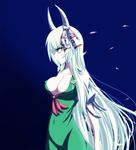  asa_inu breasts ex-keine groin horns kamishirasawa_keine large_breasts long_hair md5_mismatch navel open_clothes open_shirt profile red_eyes shirt sideboob solo touhou white_hair 