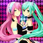  aqua_hair argyle argyle_background armband bad_id bad_pixiv_id blue_eyes breast_press breasts dress green_eyes hatsune_miku long_hair medium_breasts megurine_luka multiple_girls one_eye_closed pink_hair small_breasts smile symmetrical_docking symmetry twintails vocaloid world's_end_dancehall_(vocaloid) 