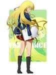  blonde_hair boots kon_(kdash) kuchinashi_(needless) long_hair looking_back needless school_uniform sketch sketch_pad solo yellow_eyes 