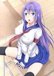  armband bad_id bad_pixiv_id black_legwear blue_eyes blush breasts covered_nipples desk hair_ornament hairclip kaerunoashi large_breasts long_hair looking_up on_desk original purple_hair sitting sitting_on_desk skirt solo thighhighs 