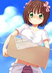  amami_haruka bad_id bad_pixiv_id box brown_hair green_eyes idolmaster idolmaster_(classic) midriff shirt short_hair solo t-shirt tougyuu_yukio 