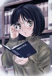  absurdres adjusting_eyewear black_hair blush book bookshelf glasses highres kobayashi_hiyoko library non-web_source official_art oku-sama_wa_joshi_kousei onohara_asami reading short_hair solo sweater 