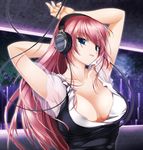  arms_behind_head arms_up ashita_yaru avtechno! beyerdynamic blue_eyes breasts cleavage free_(vocaloid) headphones large_breasts long_hair megurine_luka pink_hair smile solo vocaloid 