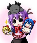  blush_stickers cat cat_on_head chibi doll ichimi kaenbyou_rin kaenbyou_rin_(cat) multiple_tails nagae_iku purple_hair ribbon shanghai short_hair tail touhou 