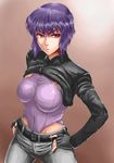  belt breasts fingerless_gloves ghost_in_the_shell ghost_in_the_shell_stand_alone_complex gloves hands_on_hips highres jacket kusanagi_motoko large_breasts leotard purple_hair purple_leotard red_eyes short_hair solo sunaipu_(age-zero) 